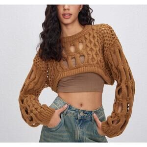 Cider Brown Open Knit Cropped Sweater MEDIUM Grunge Boxy Oversized NEW